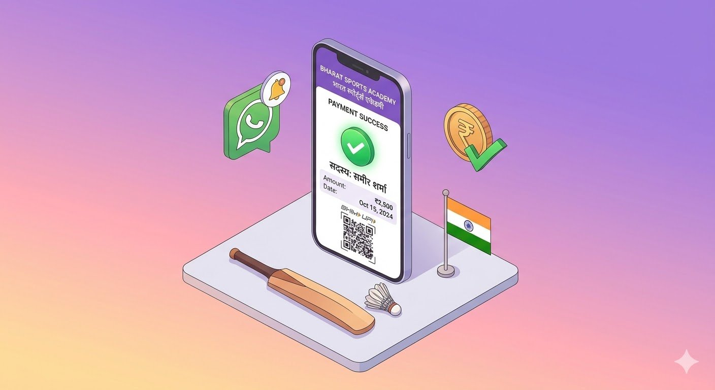 Sports academy dashboard with UPI payments and WhatsApp notifications