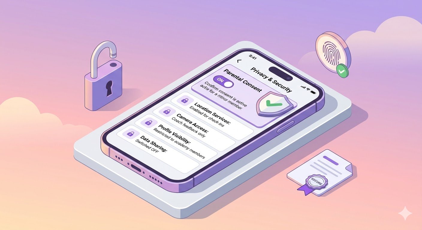 Secure sports academy platform with privacy controls and role-based access