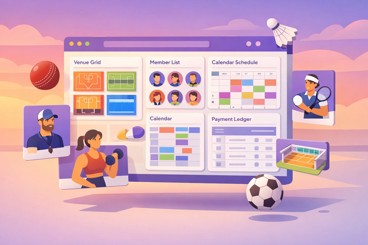 Academy management dashboard showing venues, members, and staff