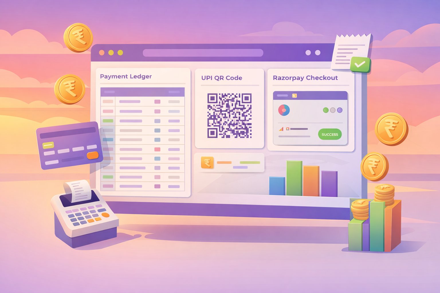 Payment dashboard with UPI, Razorpay, and financial ledger