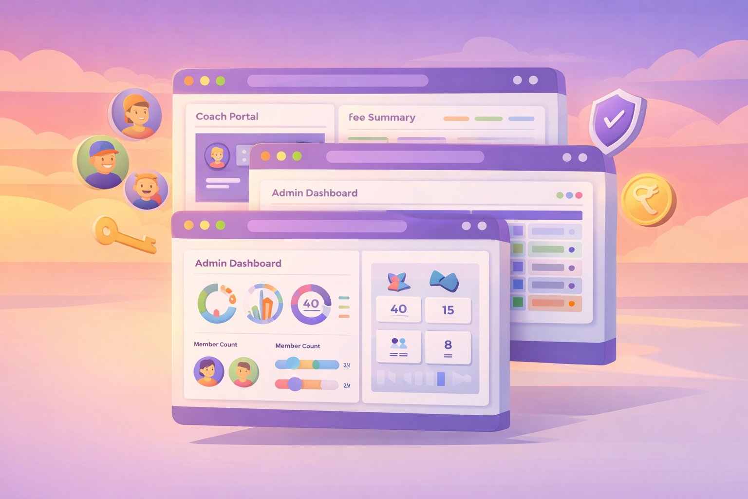 Admin, coach, and parent portals with role-based access