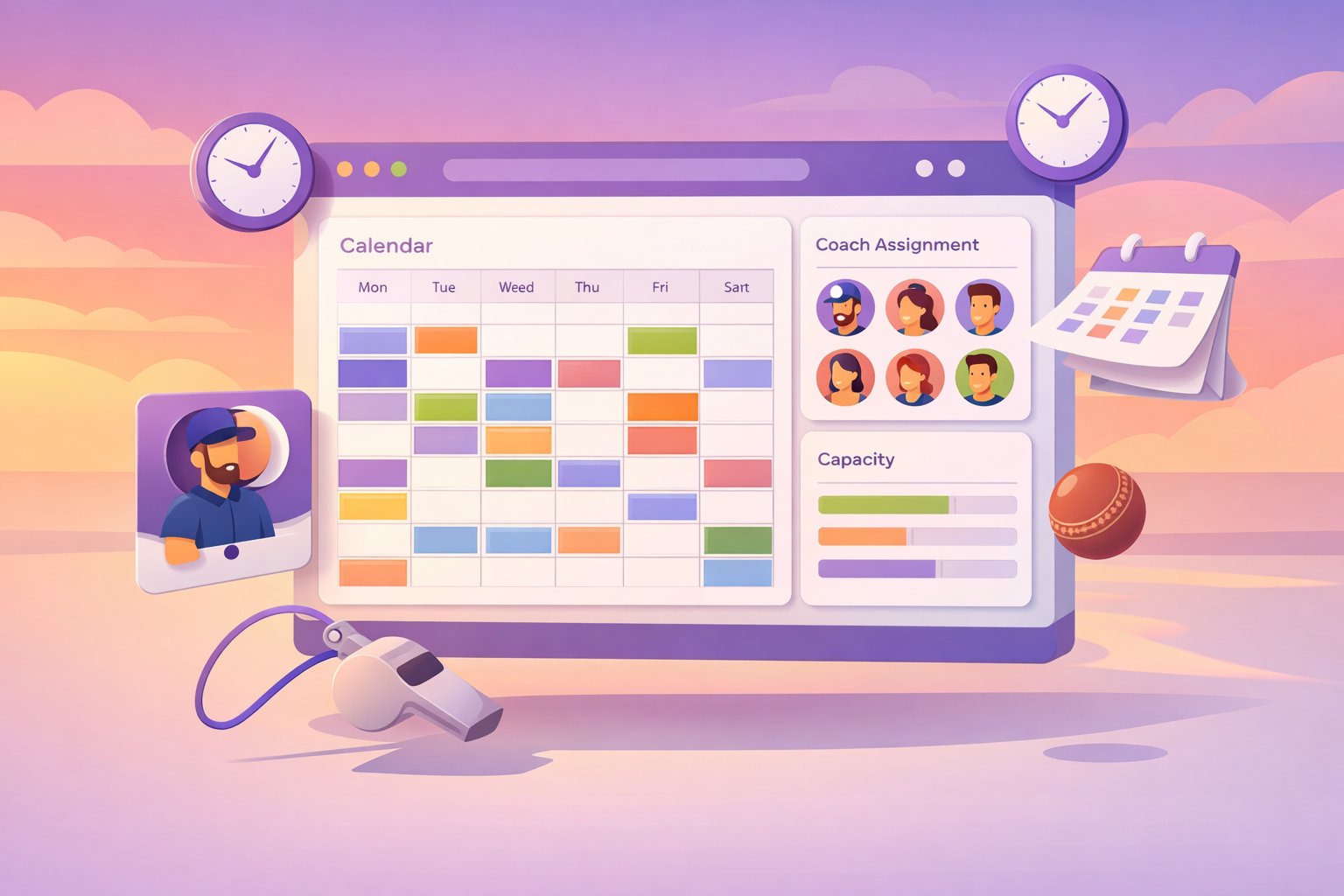 Academy scheduling board with weekly calendar and coach assignments